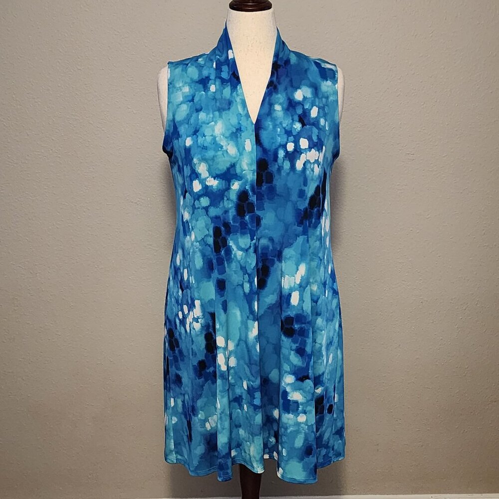 Clara Sun Woo Water Drops Narrow V Neck Dress, Blue Black and White, Large 14